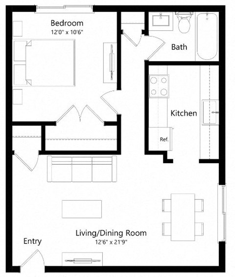 Floor plan for 1 bed, 1 bath, 630 sqft